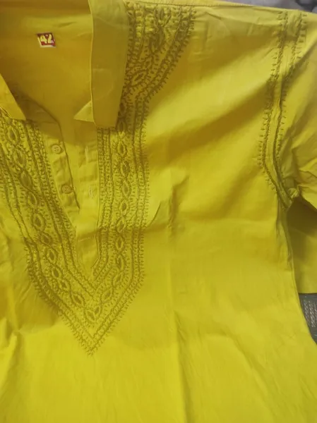 Mustard Yellow Chikan Gents soft cotton Kurta