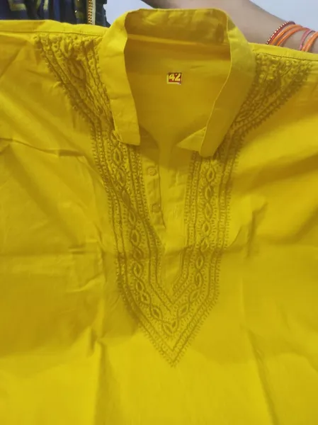 Mustard Yellow Chikan Gents soft cotton Kurta