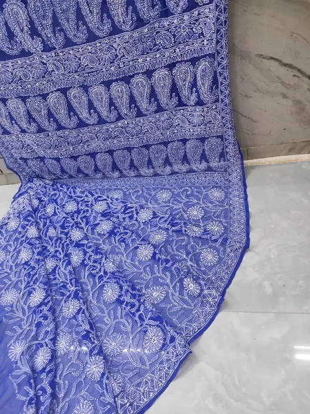 Royal Blue Half Jaal Chikan Saree