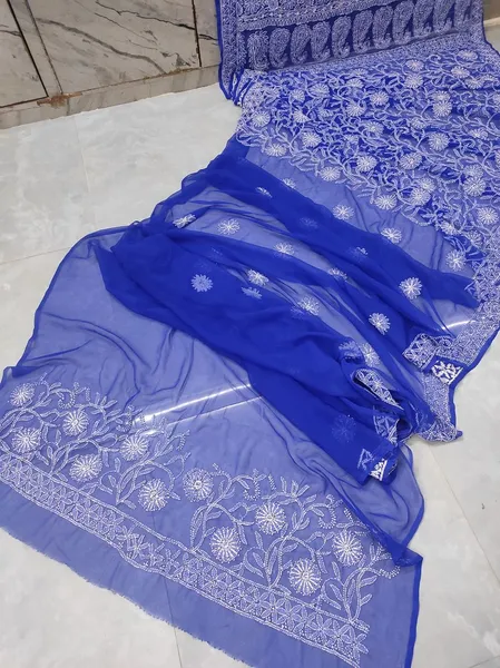 Royal Blue Half Jaal Chikan Saree