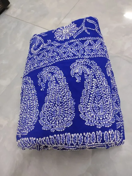 Royal Blue Half Jaal Chikan Saree