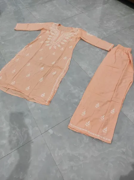 Peach Modal Chikankari Long Kurta