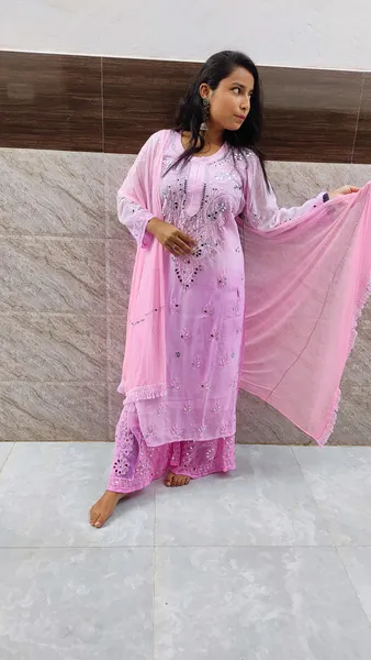 Pink Long Georgette Chikan Shimmery Kurti Set