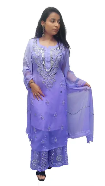 Purple Long Georgette Chikan Shimmery Kurti Set