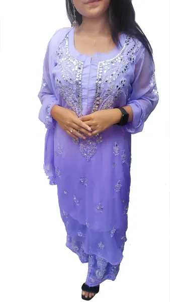 Purple Long Georgette Chikan Shimmery Kurti Set