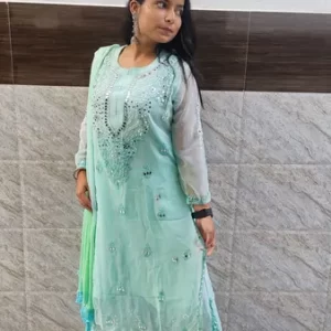 Sea Green Long Georgette Chikan Shimmery Kurti Set