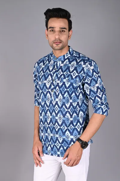 Indigo Blue Printed Pure Cotton Short Kurta