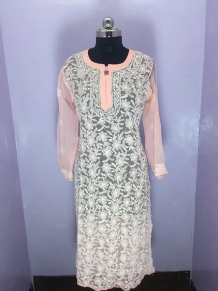 Light Pink Georgette All-over Chikankari Jaal Kurta