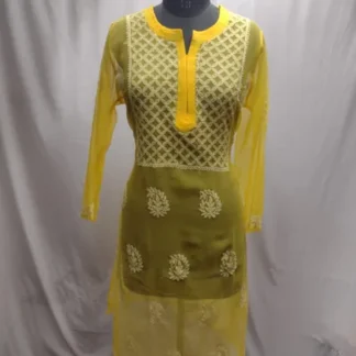 Yellow Floral Georgette Chikankari Jaal Kurta