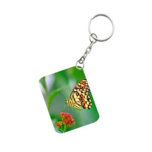 Generic Pack Of 3_ Red Flower With Butterfly One Side Printed Rectangle Designer Keychain (Red)