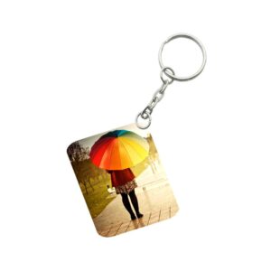 Generic Pack Of 3_ Girl Under Umbrella One Side Printed Rectangle Designer Keychain (Multi Color)