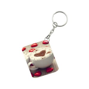 Generic Pack Of 3_ Cup Of Coffee With Heart-Shaped Froth One Side Printed Rectangle Designer Keychain (White)