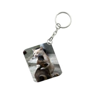 Generic Pack Of 3_ Cat Love One Side Printed Rectangle Designer Keychain (Brown)