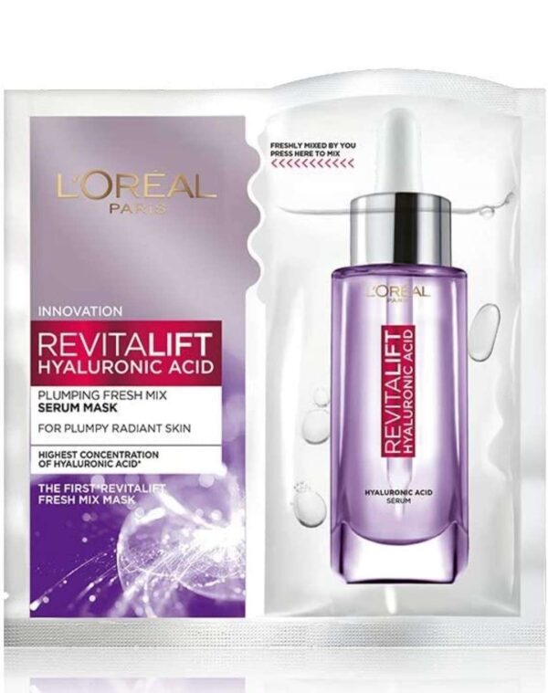 L'Oréal Paris Revitalift Serum Sheet Face Mask, Fresh Mix, With Hyaluronic Acid + Natural Algae, 33g pack of 2