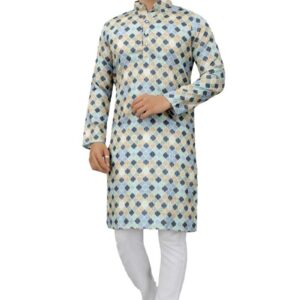 Men's Multi Color Full Sleeves Mandarin Collar Printed Ethnic Kurta Set