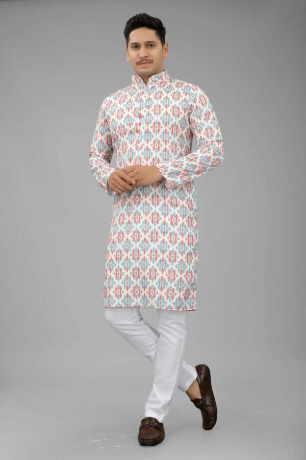 Men's Multi Color Full Sleeves Mandarin Collar Printed Ethnic Kurta Set