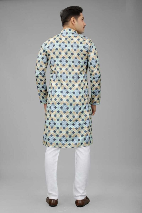 Men's Multi Color Full Sleeves Mandarin Collar Printed Ethnic Kurta Set