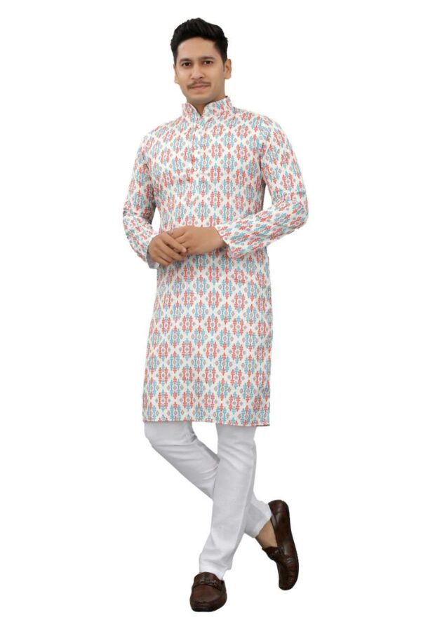 Men's Multi Color Full Sleeves Mandarin Collar Printed Ethnic Kurta Set