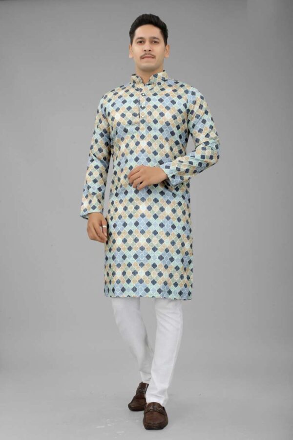 Men's Multi Color Full Sleeves Mandarin Collar Printed Ethnic Kurta Set