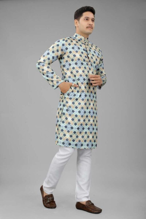 Men's Multi Color Full Sleeves Mandarin Collar Printed Ethnic Kurta Set