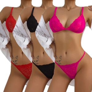 Women's Sexy Lingerie Comfortable Floral Lace Thin Bra Panty Set of 3