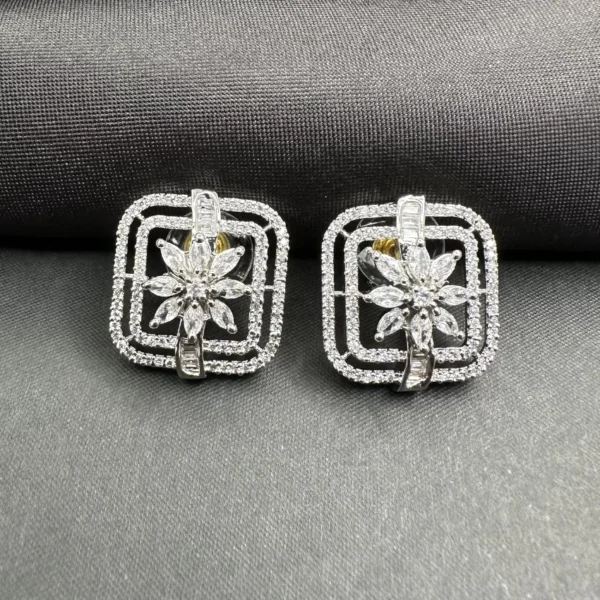 American Diamond Square Shaped Flower Stud Earrings