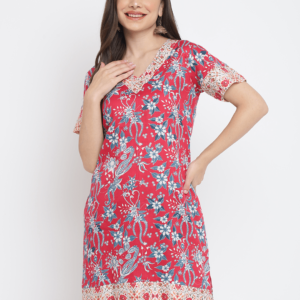 Red Printed Floral Rani Kurta