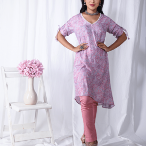 Pink Printed Floral Rushed Kurta