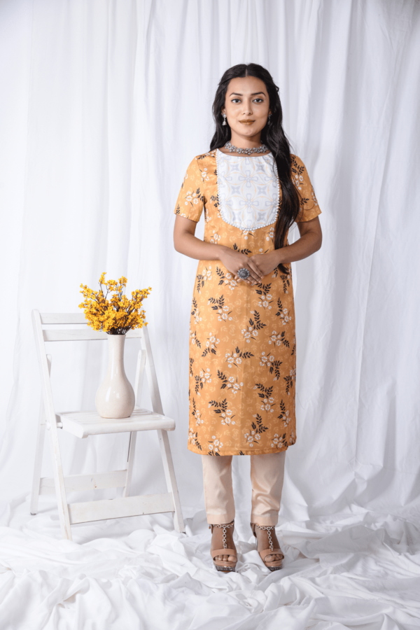 Yellow Printed Floral Yoke Kurti