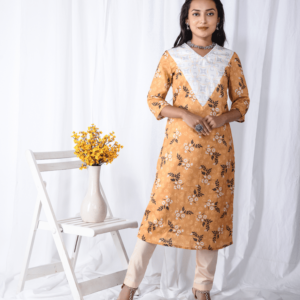 Yellow Printed Floral V Neck Kurti