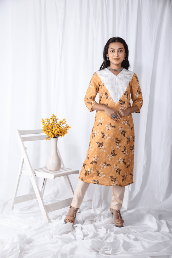 Yellow Printed Floral V Neck Kurti