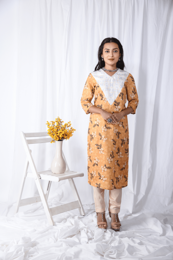 Yellow Printed Floral V Neck Kurti