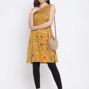 Mustard Printed Floral Tulip Kurta