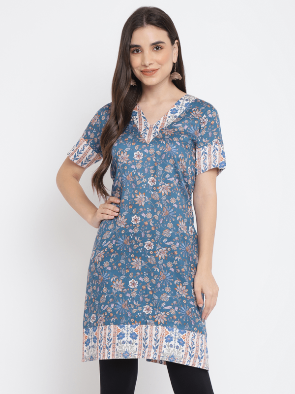 Blue Printed Floral Rani Kurta