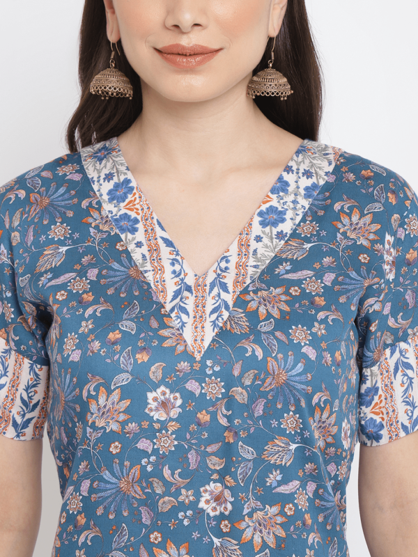 Blue Printed Floral Rani Kurta