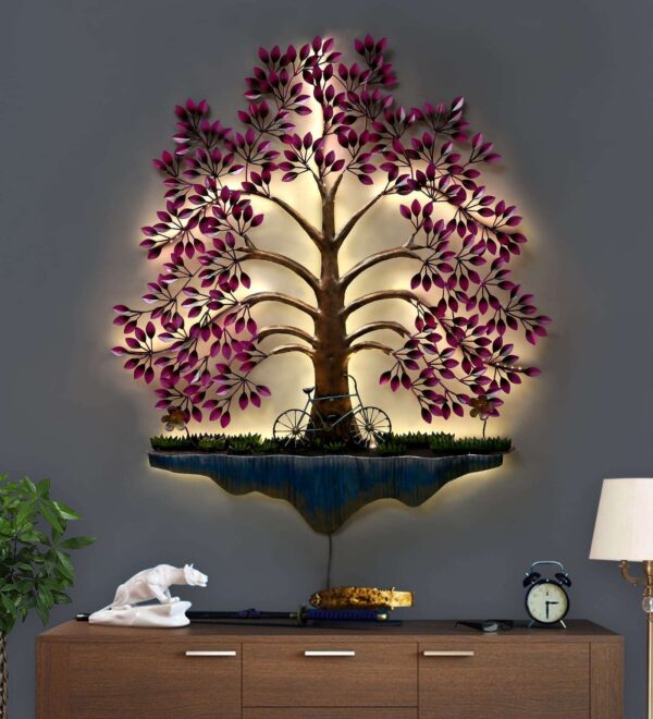 Metal Pesto Tree with LED Wall Art Decoration Hanging Sculpture Accent Cycle on Rock with Tree Big (size 33 * 30 inches)