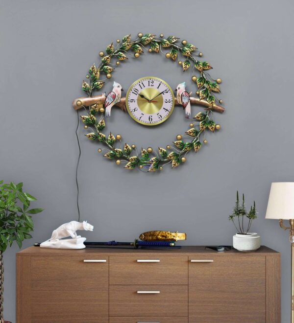 Two Bird Clock With Led Lights Made of Metal With Available Size 30*28 Inches