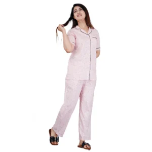 Women's Casual Half Sleeve Printed Viscose Rayon Shirt With Pyjama Pant Night Suit Set (Pink)