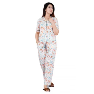 Women's Casual Half Sleeve Printed Viscose Rayon Shirt With Pyjama Pant Night Suit Set (White)