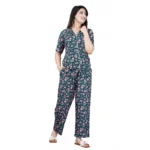 Women's Casual Half Sleeve Printed Viscose Rayon Shirt With Pyjama Pant Night Suit Set (Teal)