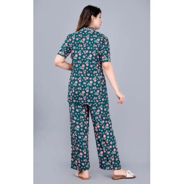 Women's Casual Half Sleeve Printed Viscose Rayon Shirt With Pyjama Pant Night Suit Set (Teal)