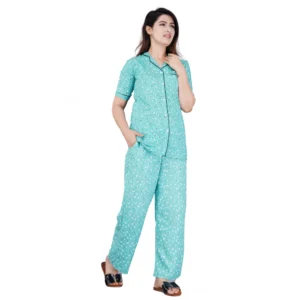 Women's Casual Half Sleeve Printed Viscose Rayon Shirt With Pyjama Pant Night Suit Set (Green)