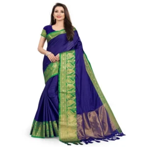 Women's Cotton Silk,Jacquard,Poly Silk Saree (Blue, 5-6 Mtrs)