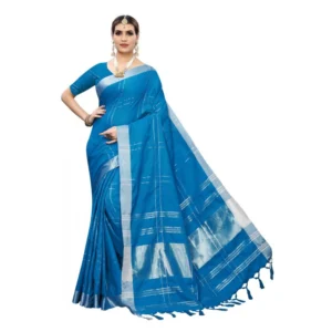 Women's Cotton Blend Saree(Light Blue,5-6 Mtrs)