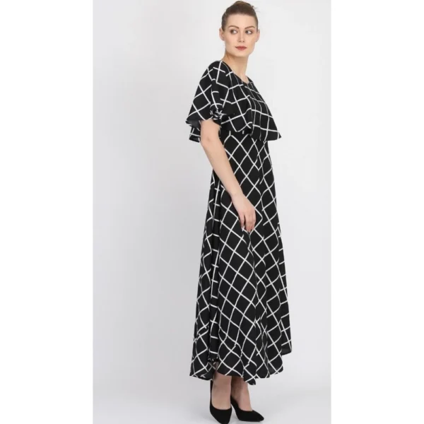 Women's Crepe Checked Half Sleeves Full Length Gown(Black)