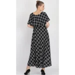 Women's Crepe Checked Half Sleeves Full Length Gown(Black)