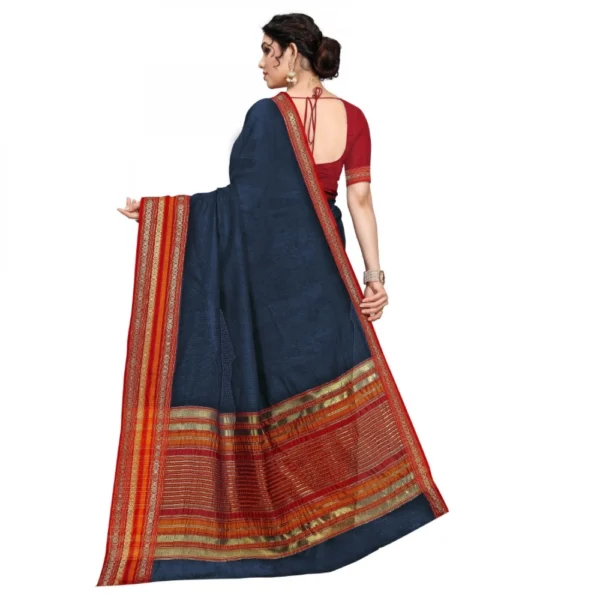 Women's Kota Doria Cotton Bordered Saree With Blouse (Navy Blue, 5-6 Mtrs)