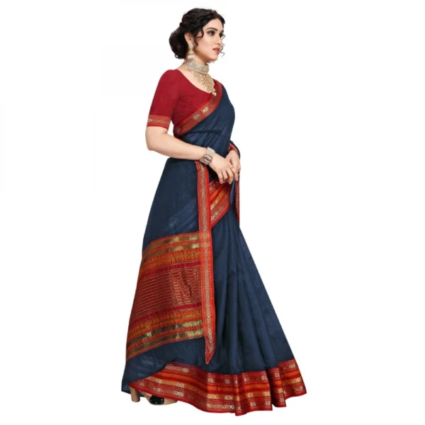 Women's Kota Doria Cotton Bordered Saree With Blouse (Navy Blue, 5-6 Mtrs)