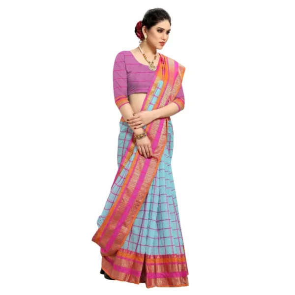 Women's Kota Doria Cotton Bordered Saree With Blouse (Sky Blue, 5-6 Mtrs)