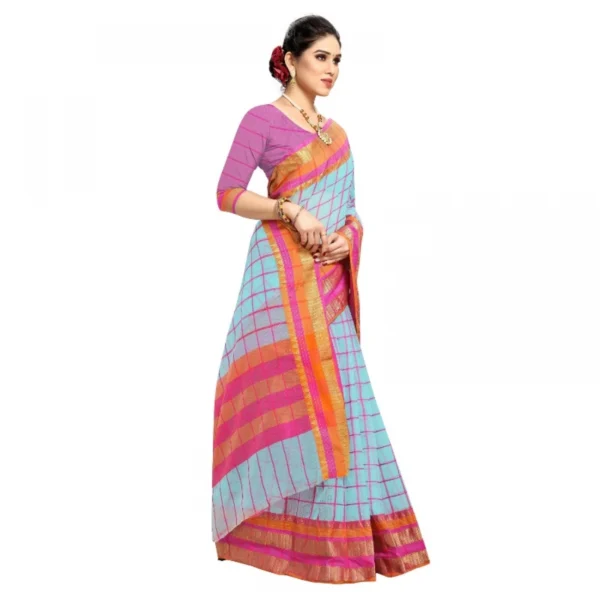 Women's Kota Doria Cotton Bordered Saree With Blouse (Sky Blue, 5-6 Mtrs)